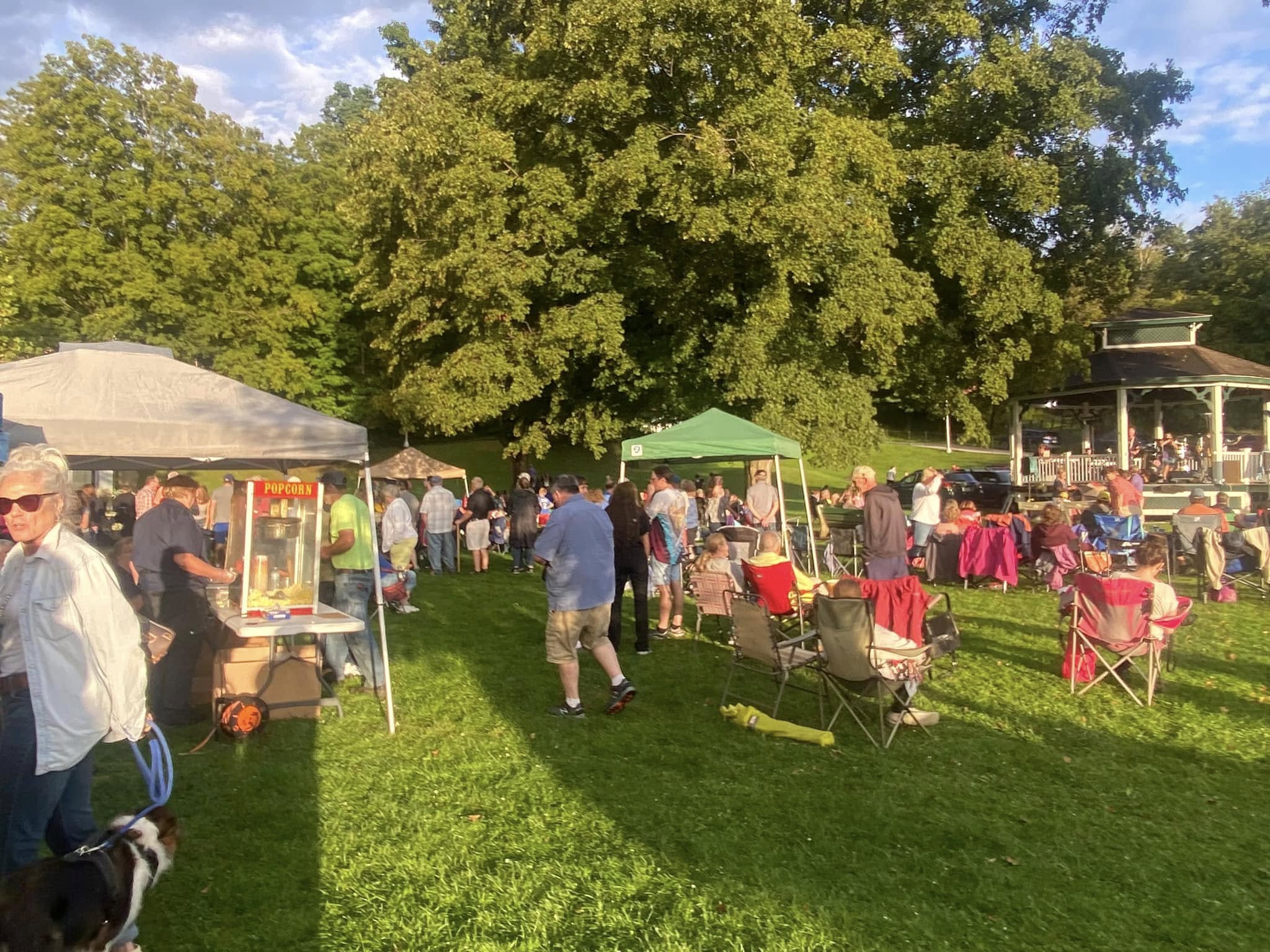 Neighbors gathered on the Wood Park lawn with chairs and blankets at sundown.